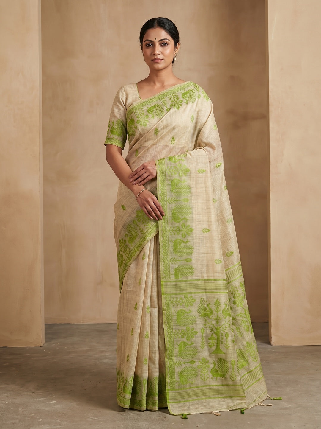 Peachmode Natural Cream Lime Green Cotton Blend Jamdani Saree - Image 4