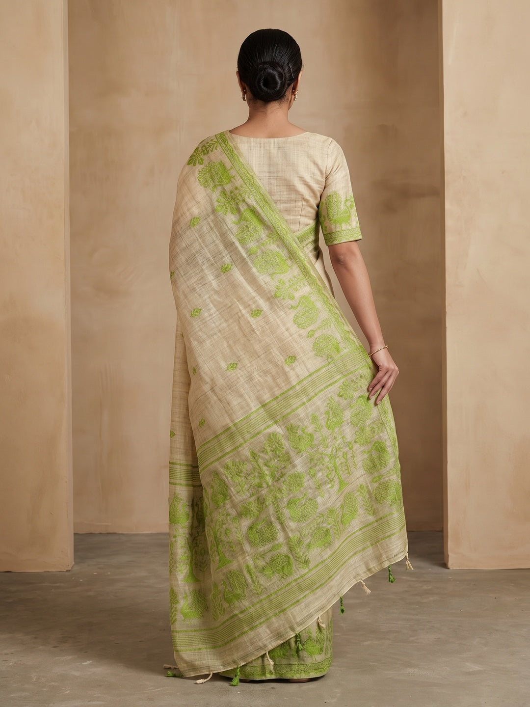 Peachmode Natural Cream Lime Green Cotton Blend Jamdani Saree - Image 5