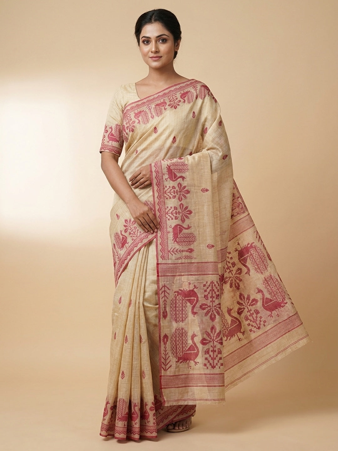 Peachmode Natural Cream Rani Pink Cotton Blend Jamdani Saree - Image 1
