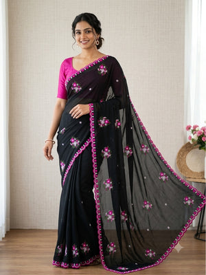 Peachmode Black Floral Embroidered Star Georgette Saree - Image 2
