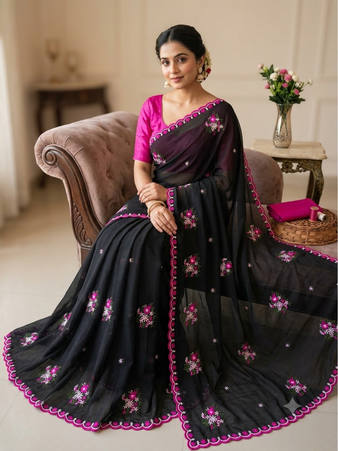 Peachmode Black Floral Embroidered Star Georgette Saree - Image 4