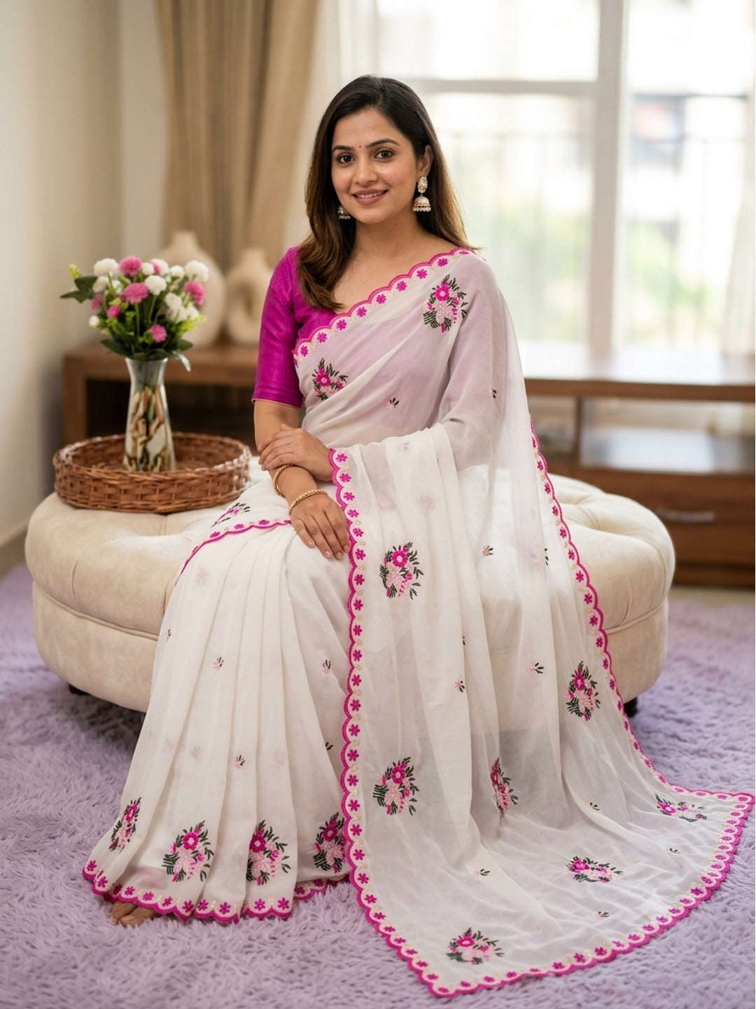 Peachmode White Floral Embroidered Star Georgette Saree - Image 4