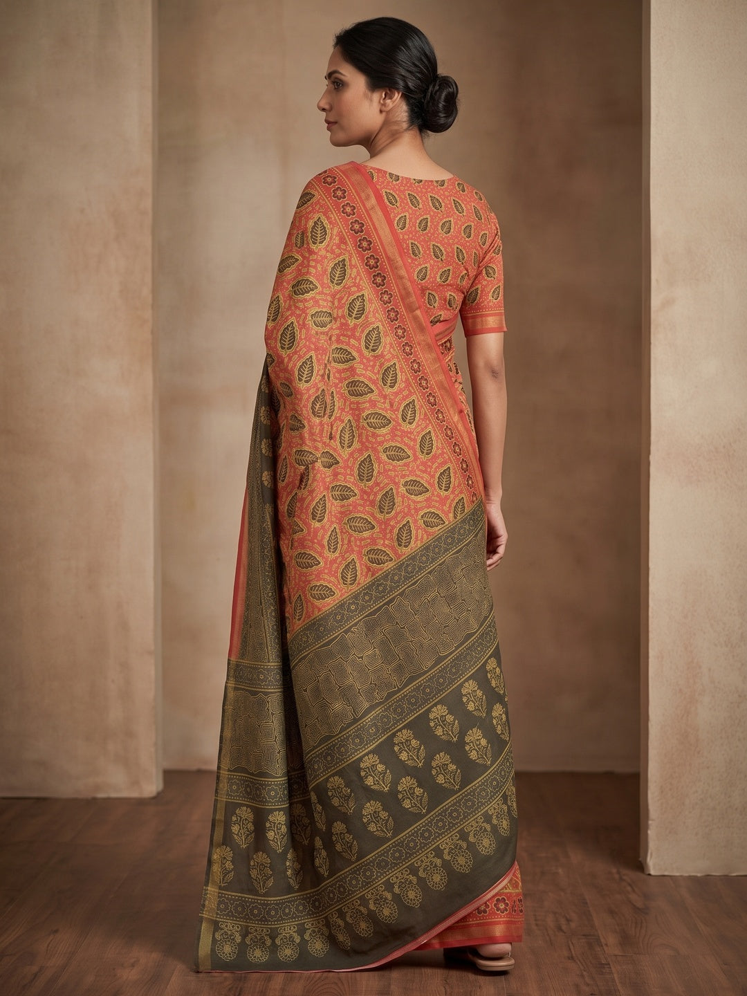 Peachmode Pink Ajrak Printed Mul Cotton Saree - Image 5