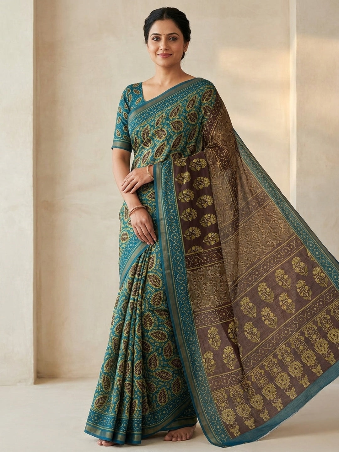 Peachmode Turquoise Ajrak Printed Mul Cotton Saree - Image 1