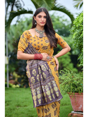 Peachmode Mustard Ajrak Printed Mul Cotton Saree - Image 1