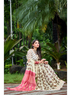 Peachmode White Ajrak Printed Mul Cotton Saree - Image 2