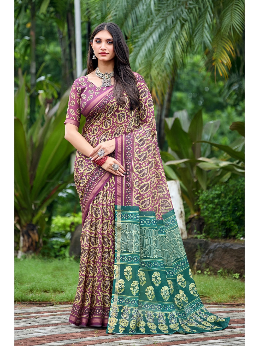 Peachmode Wine Ajrak Printed Mul Cotton Saree - Image 1