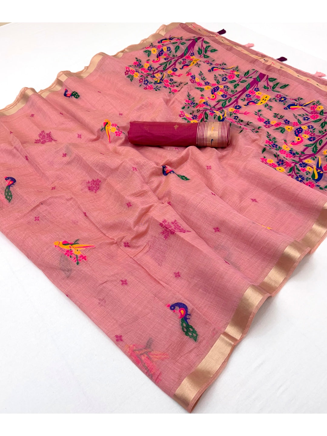 Peachmode Pink Jamdani Woven Silk Cotton Blend Saree - Image 2