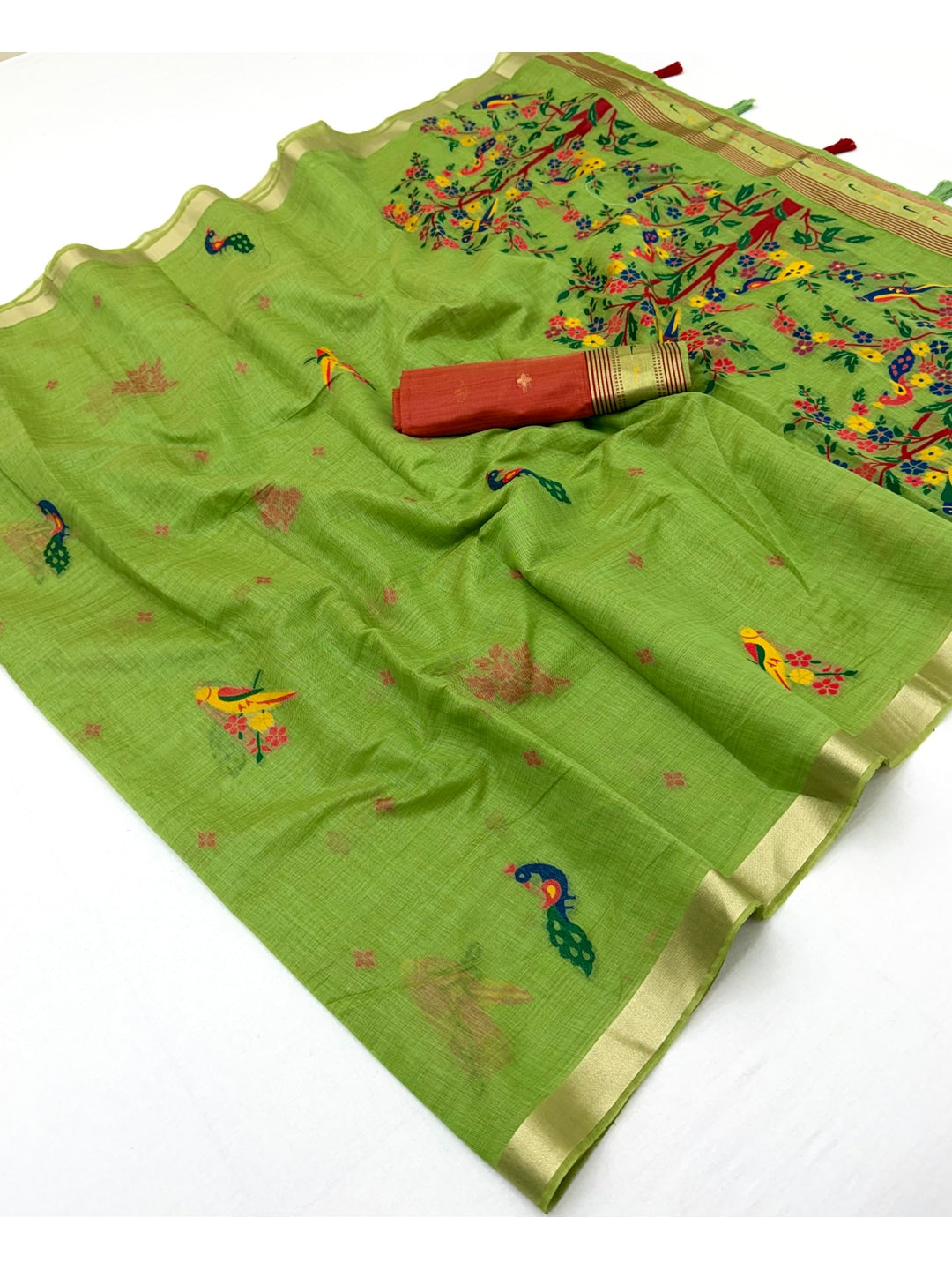 Peachmode Green Jamdani Woven Silk Cotton Blend Saree - Image 2