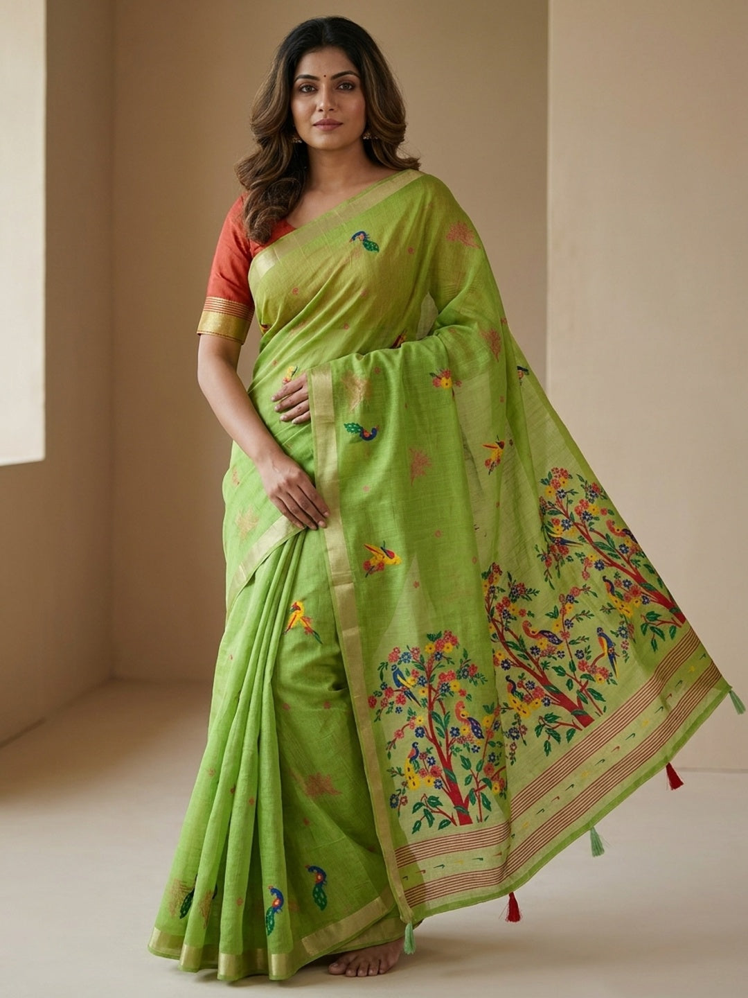 Peachmode Green Jamdani Woven Silk Cotton Blend Saree - Image 1