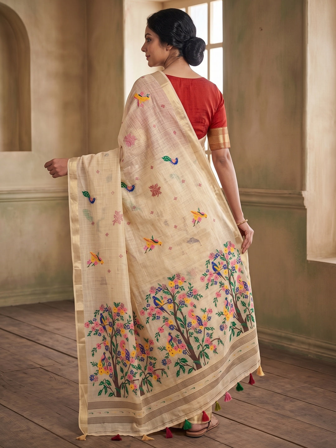 Peachmode Cream Jamdani Woven Silk Cotton Blend Saree - Image 5