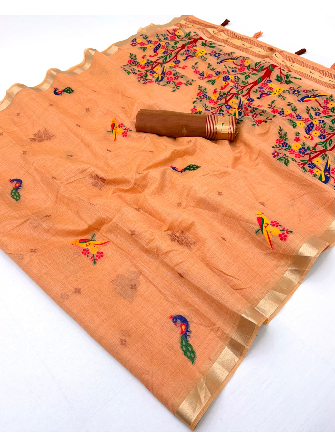 Peachmode Peach Jamdani Woven Silk Cotton Blend Saree - Image 2