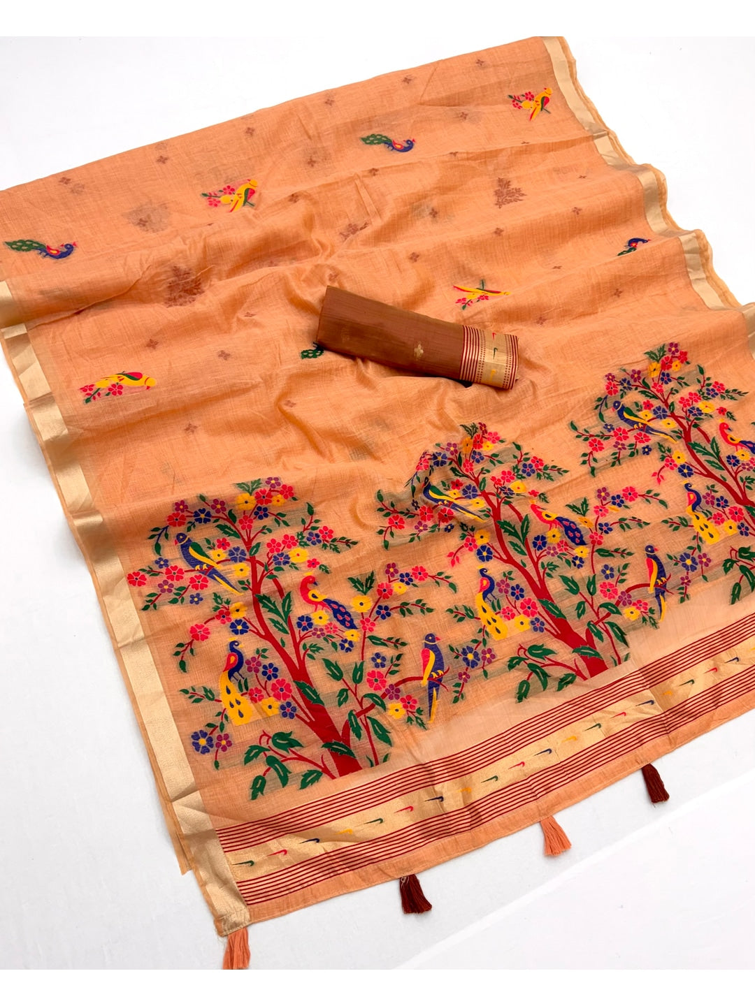 Peachmode Peach Jamdani Woven Silk Cotton Blend Saree - Image 3