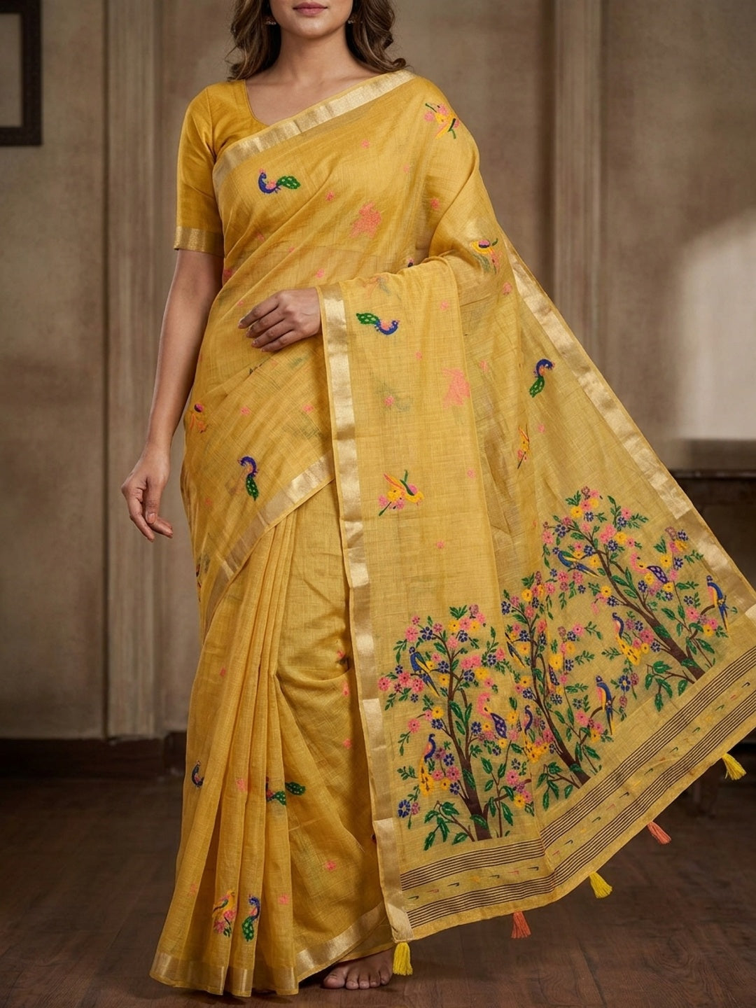 Peachmode Mustard Jamdani Woven Silk Cotton Blend Saree - Image 1