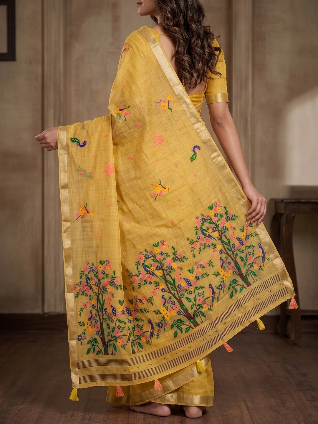 Peachmode Mustard Jamdani Woven Silk Cotton Blend Saree - Image 5