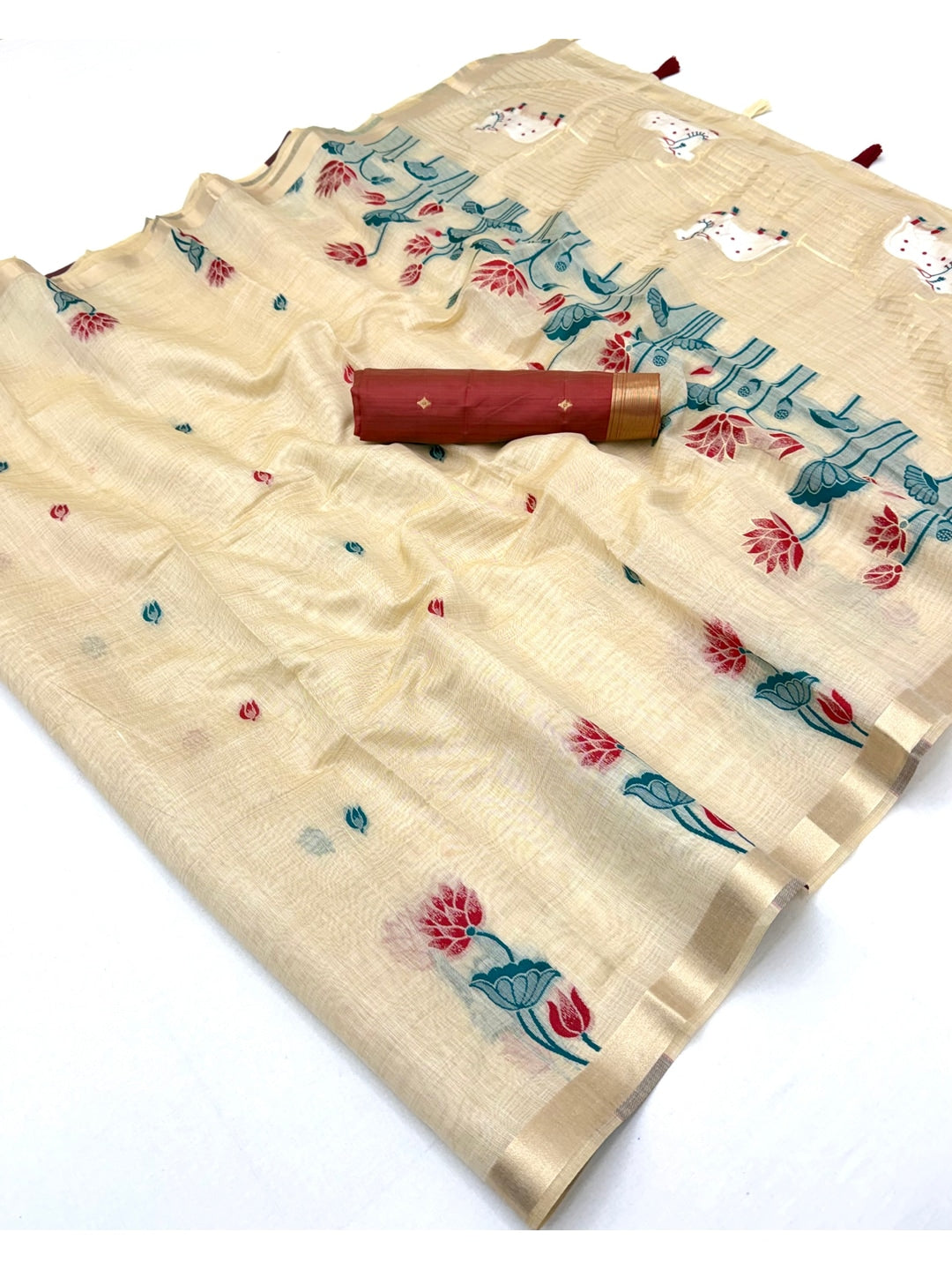 Peachmode Cream Wine Jamdani Woven Silk Cotton Blend Saree - Image 2