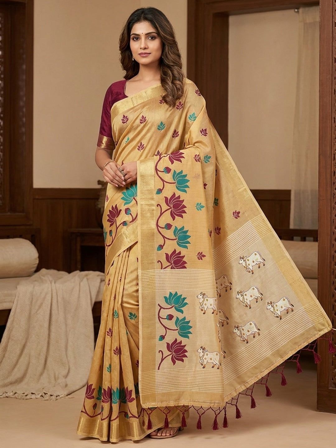 Peachmode Cream Wine Jamdani Woven Silk Cotton Blend Saree - Image 1