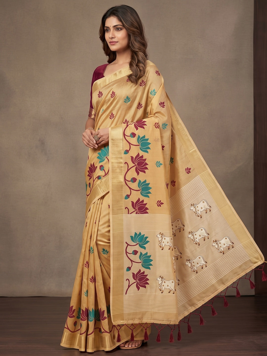 Peachmode Cream Wine Jamdani Woven Silk Cotton Blend Saree - Image 4