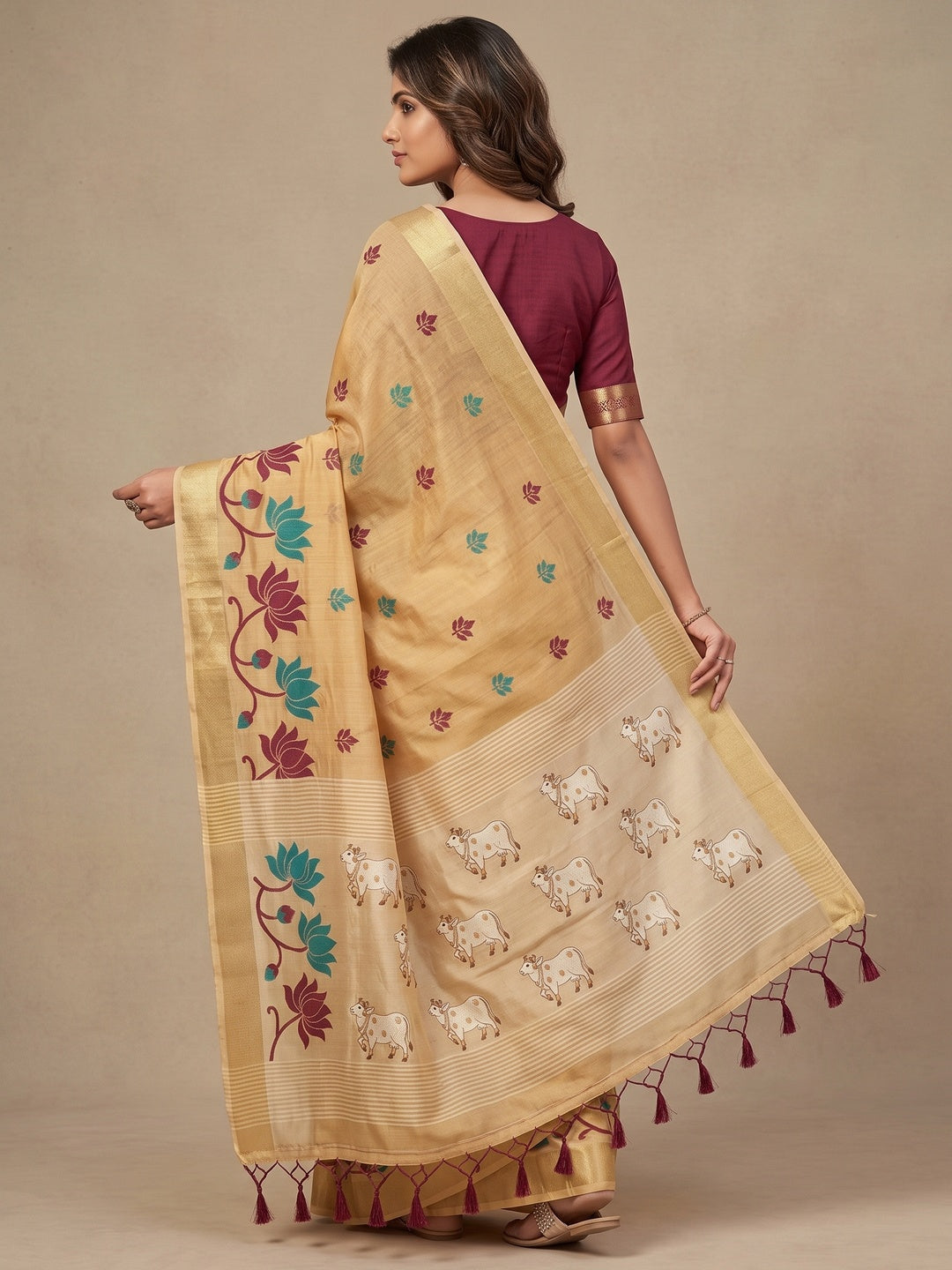 Peachmode Cream Wine Jamdani Woven Silk Cotton Blend Saree - Image 5