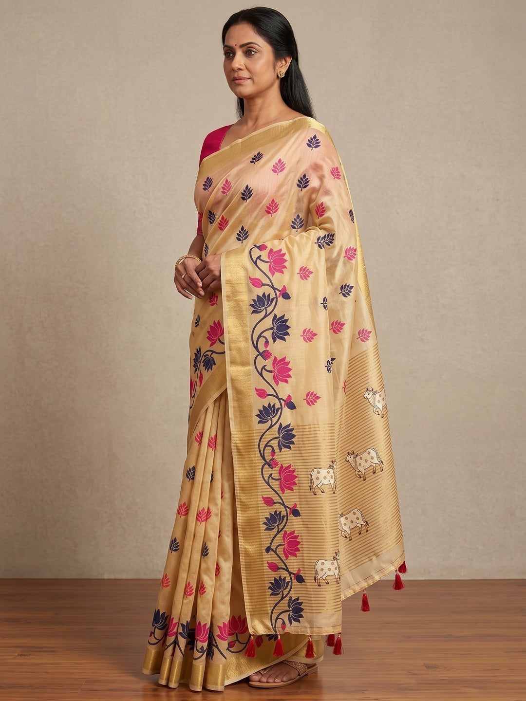 Peachmode Cream Rani Pink Jamdani Woven Silk Cotton Blend Saree - Image 4