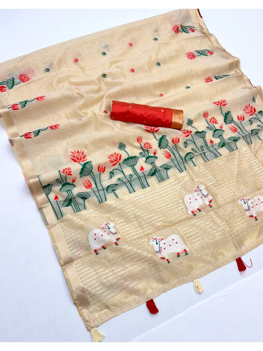Peachmode Cream Red Jamdani Woven Silk Cotton Blend Saree - Image 2