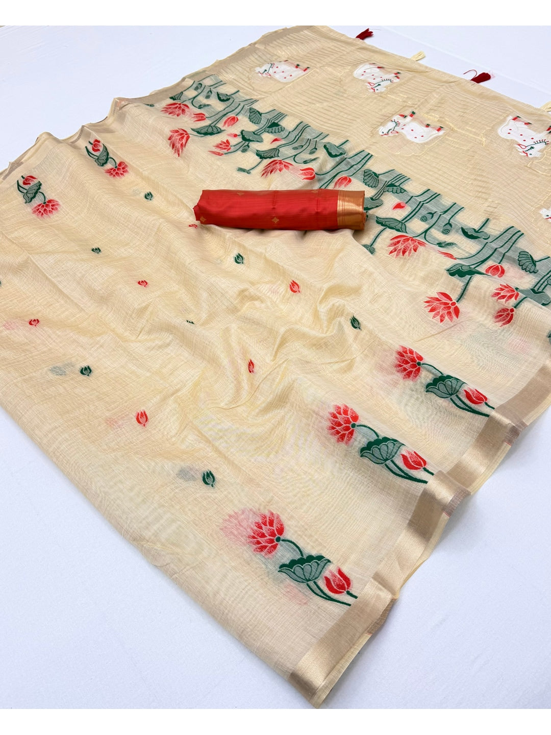 Peachmode Cream Red Jamdani Woven Silk Cotton Blend Saree - Image 3