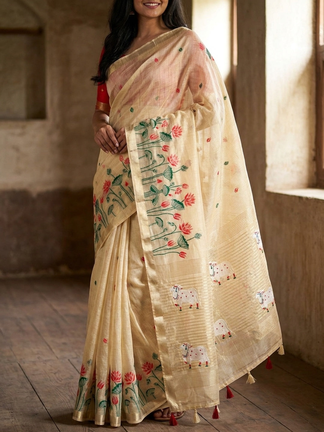 Peachmode Cream Red Jamdani Woven Silk Cotton Blend Saree - Image 1