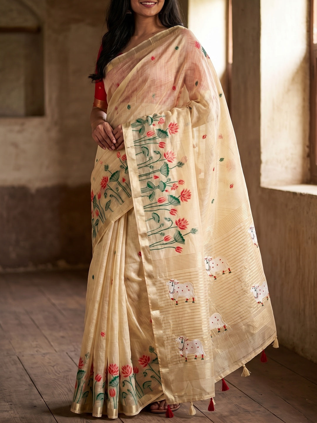Peachmode Cream Red Jamdani Woven Silk Cotton Blend Saree - Image 4