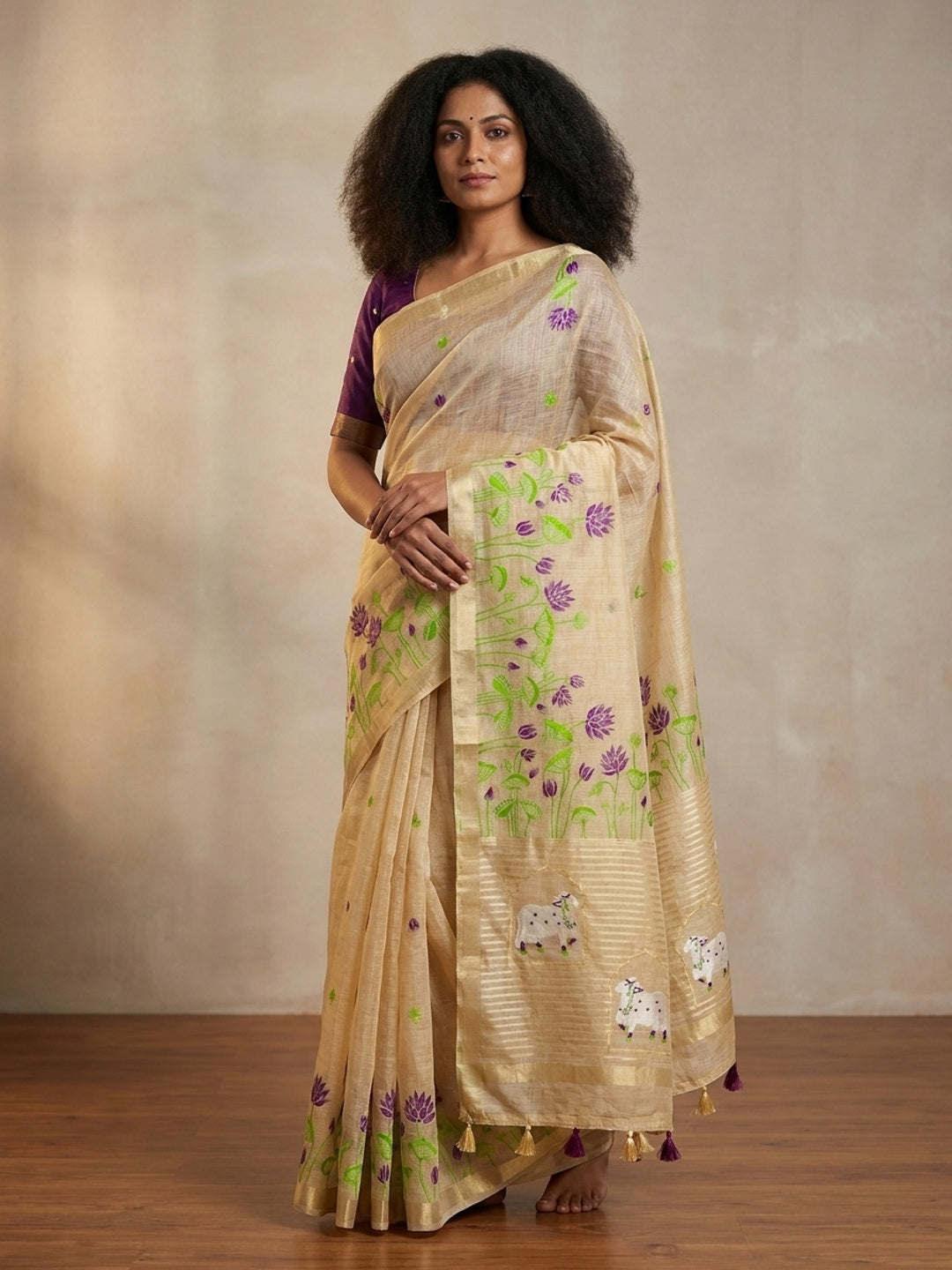 Peachmode Cream Purple Jamdani Woven Silk Cotton Blend Saree - Image 1