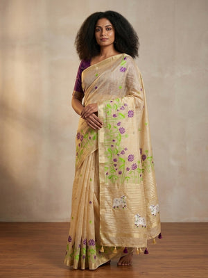Peachmode Cream Purple Jamdani Woven Silk Cotton Blend Saree - Image 1