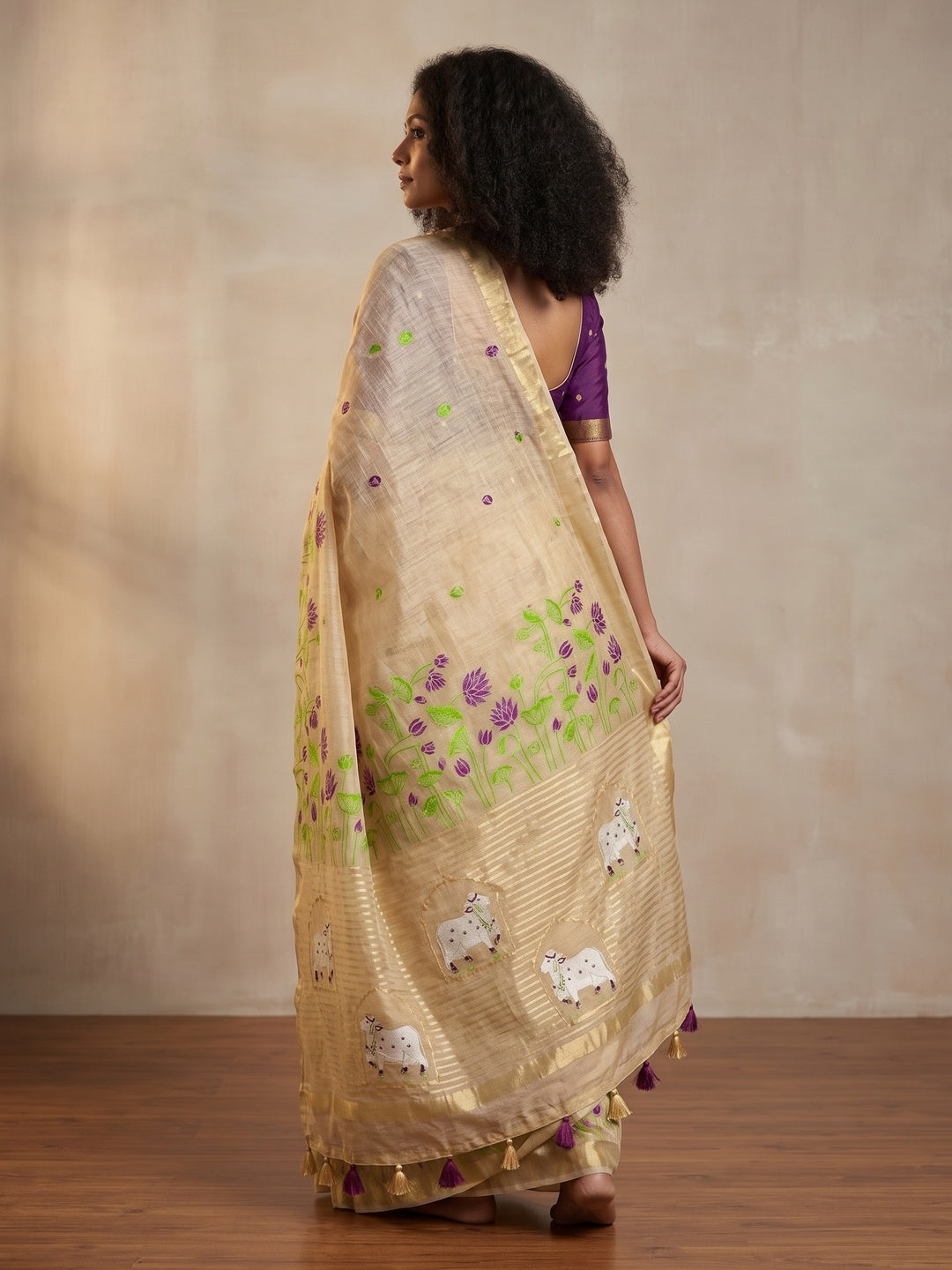 Peachmode Cream Purple Jamdani Woven Silk Cotton Blend Saree - Image 5