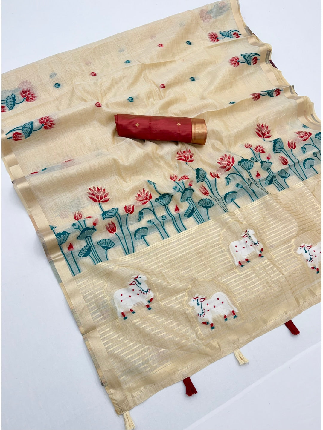 Peachmode Cream Maroon Jamdani Woven Silk Cotton Blend Saree - Image 2