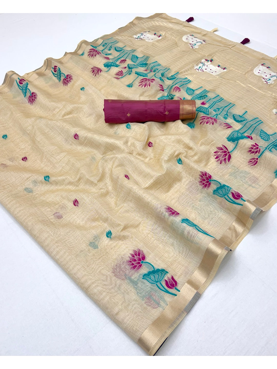 Peachmode Cream Maroon Jamdani Woven Silk Cotton Blend Saree - Image 3