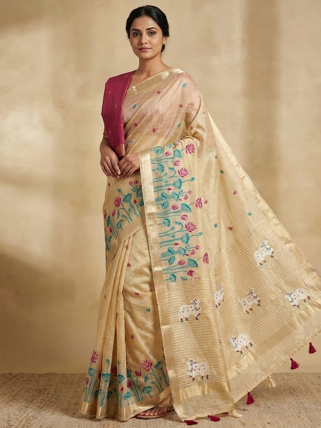 Peachmode Cream Maroon Jamdani Woven Silk Cotton Blend Saree - Image 1