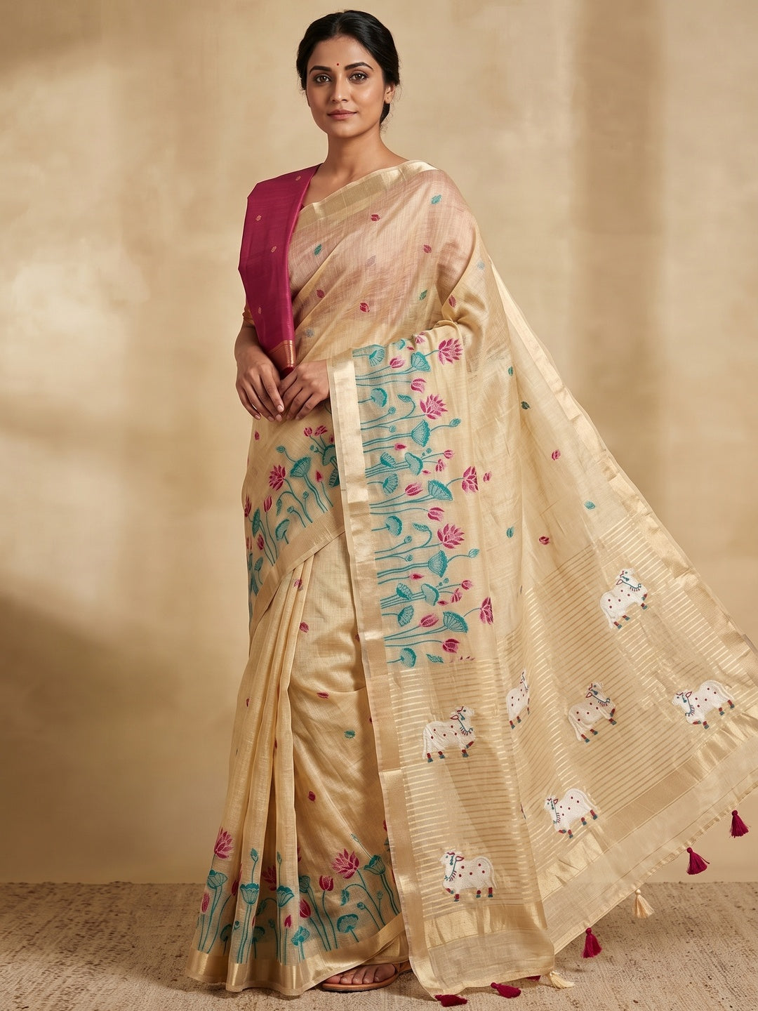 Peachmode Cream Maroon Jamdani Woven Silk Cotton Blend Saree - Image 4