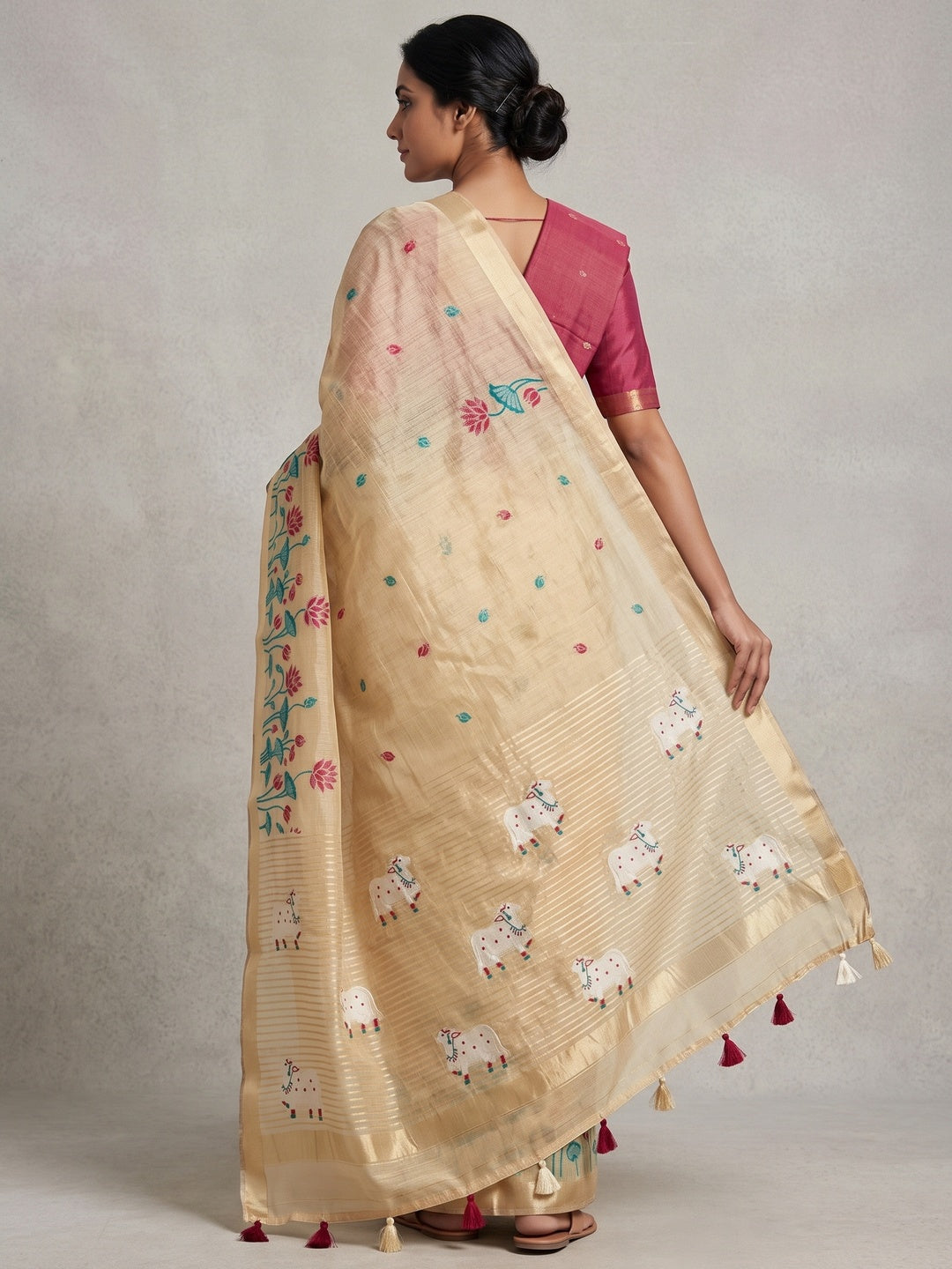 Peachmode Cream Maroon Jamdani Woven Silk Cotton Blend Saree - Image 5