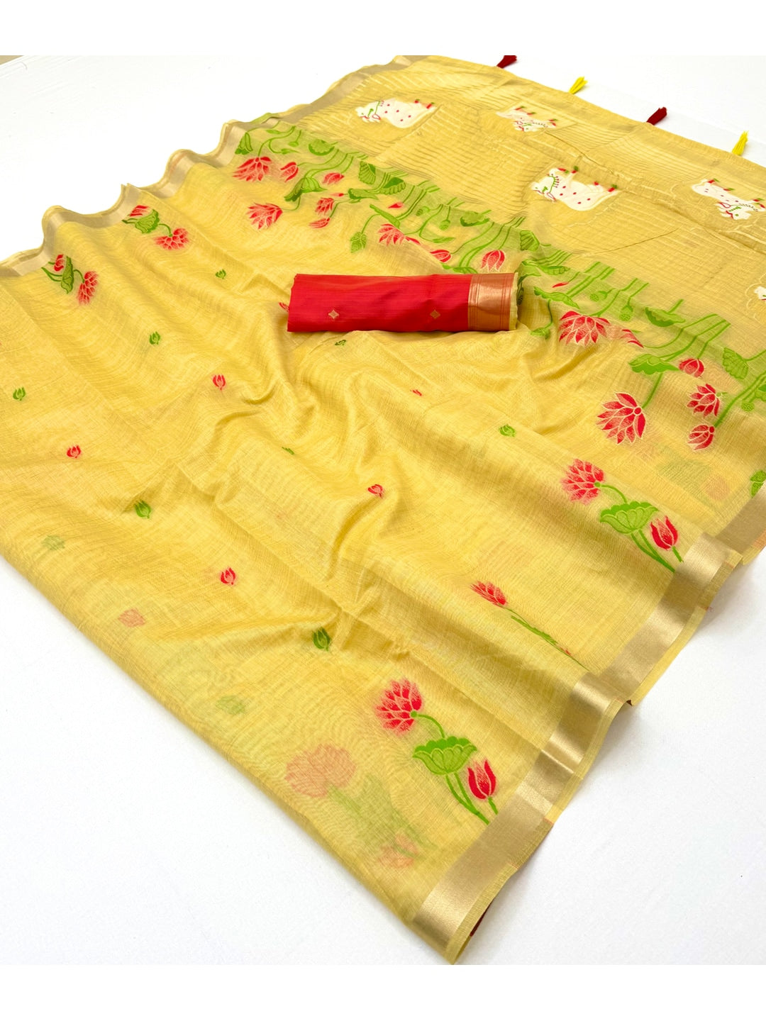 Peachmode Yellow Jamdani Woven Silk Cotton Blend Saree - Image 3