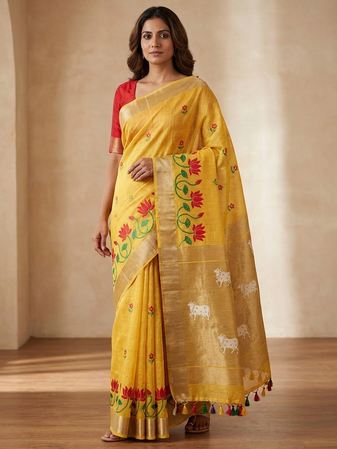 Peachmode Yellow Jamdani Woven Silk Cotton Blend Saree - Image 1