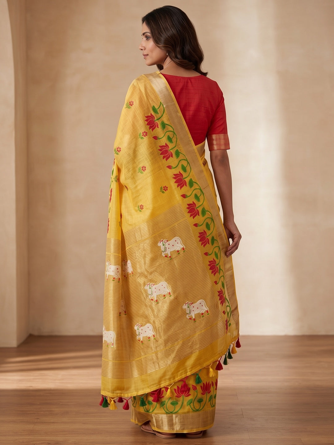Peachmode Yellow Jamdani Woven Silk Cotton Blend Saree - Image 5