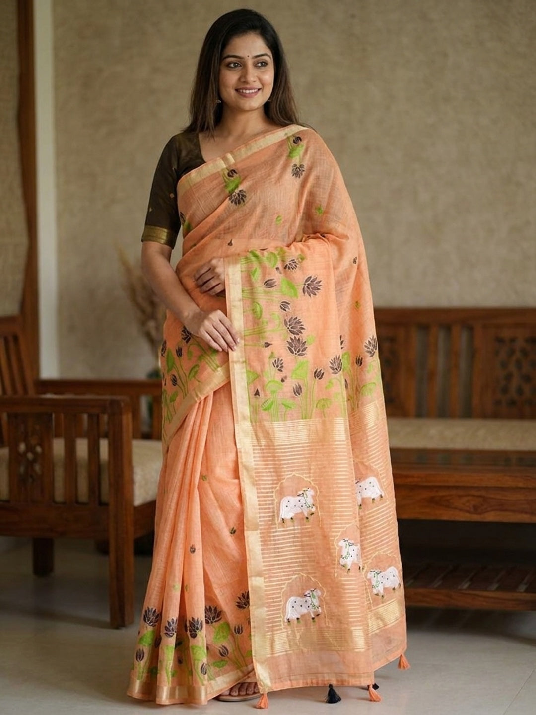 Peachmode Peach Jamdani Woven Silk Cotton Blend Saree - Image 1