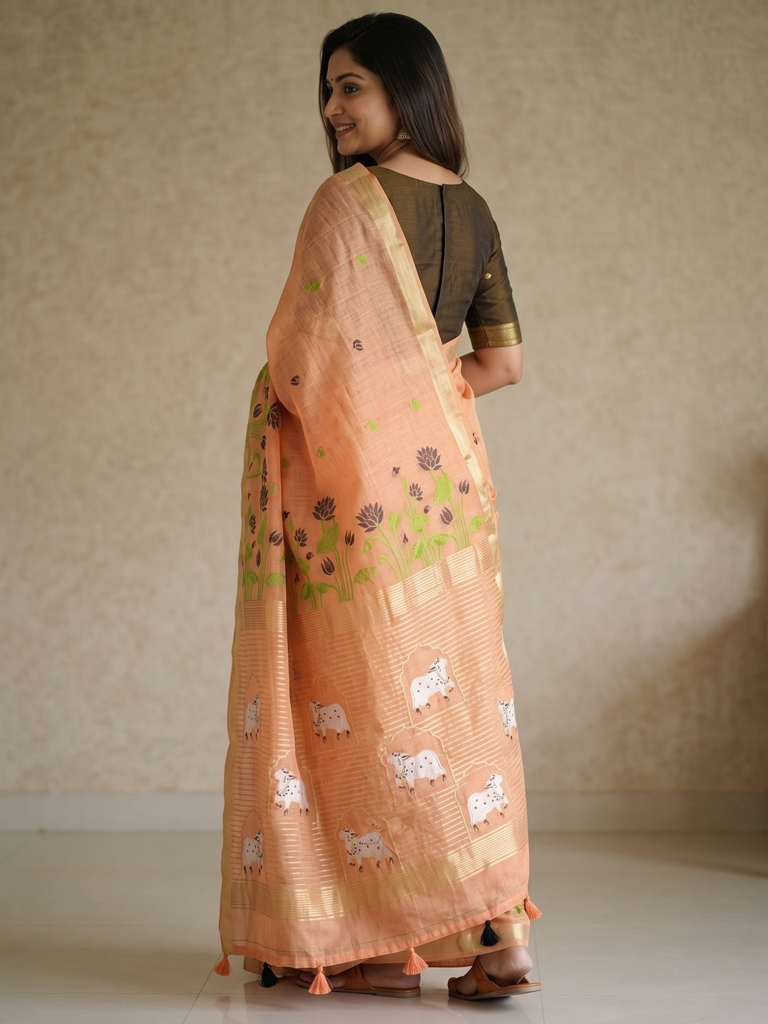 Peachmode Peach Jamdani Woven Silk Cotton Blend Saree - Image 5
