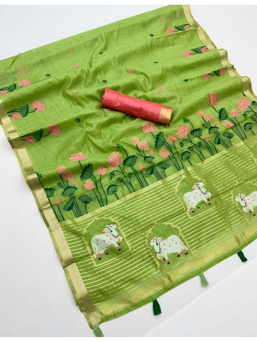 Peachmode Lime Green Jamdani Woven Silk Cotton Blend Saree - Image 2