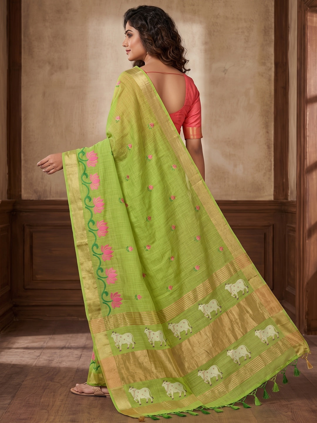 Peachmode Lime Green Jamdani Woven Silk Cotton Blend Saree - Image 5