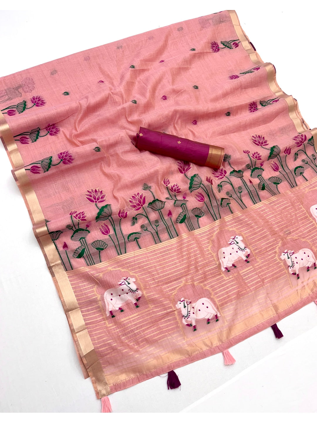 Peachmode Pink Jamdani Woven Silk Cotton Blend Saree - Image 2