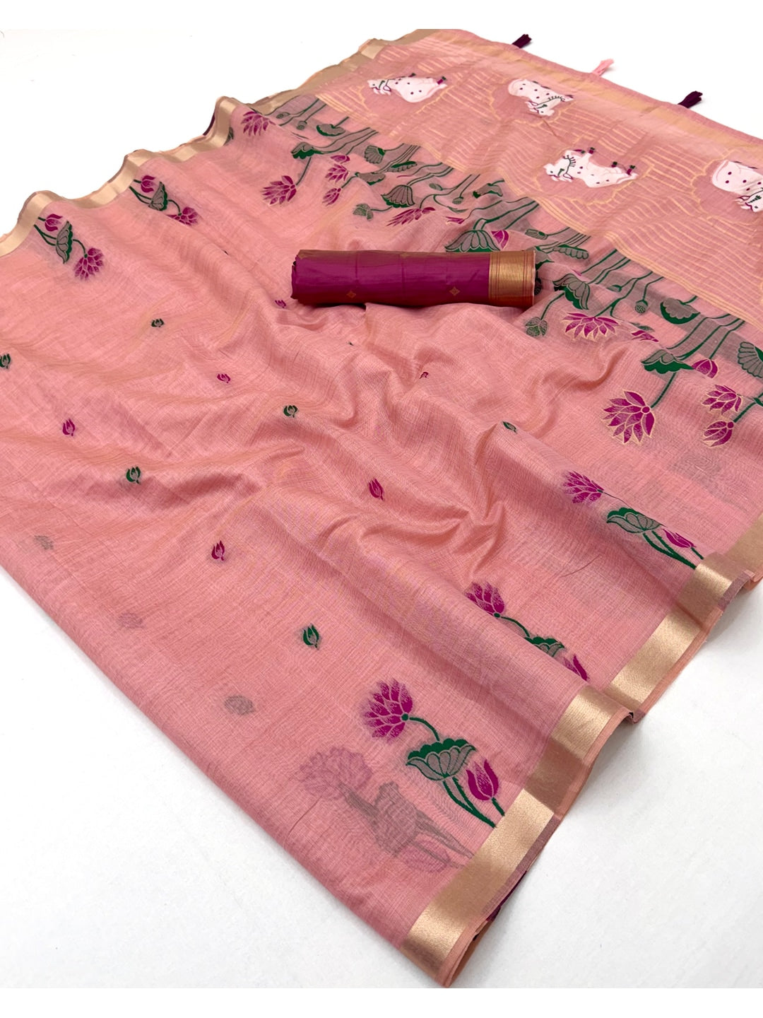 Peachmode Pink Jamdani Woven Silk Cotton Blend Saree - Image 3