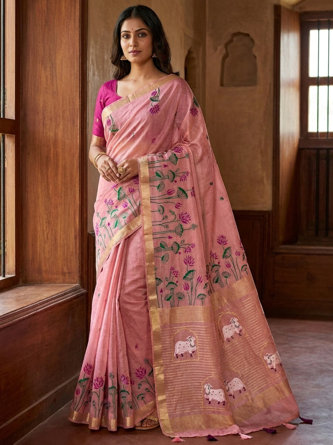 Peachmode Pink Jamdani Woven Silk Cotton Blend Saree - Image 1