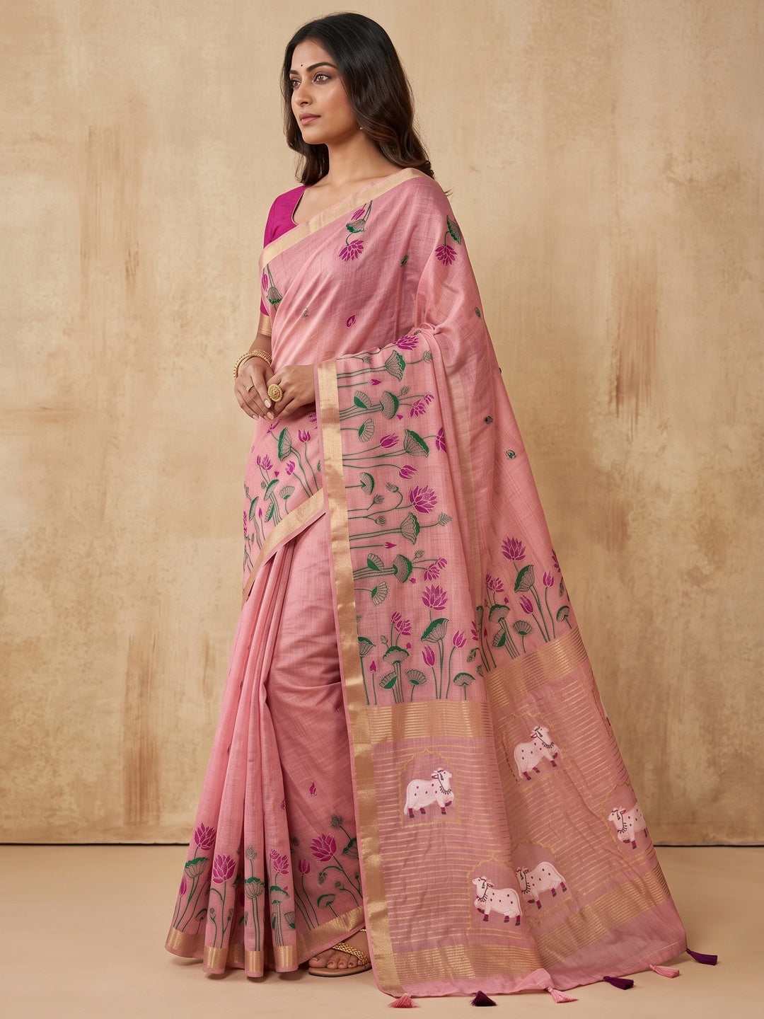 Peachmode Pink Jamdani Woven Silk Cotton Blend Saree - Image 4