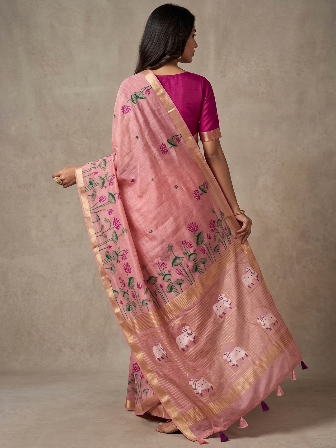 Peachmode Pink Jamdani Woven Silk Cotton Blend Saree - Image 5
