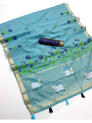 Peachmode Sky Blue Jamdani Woven Silk Cotton Blend Saree - Image 2