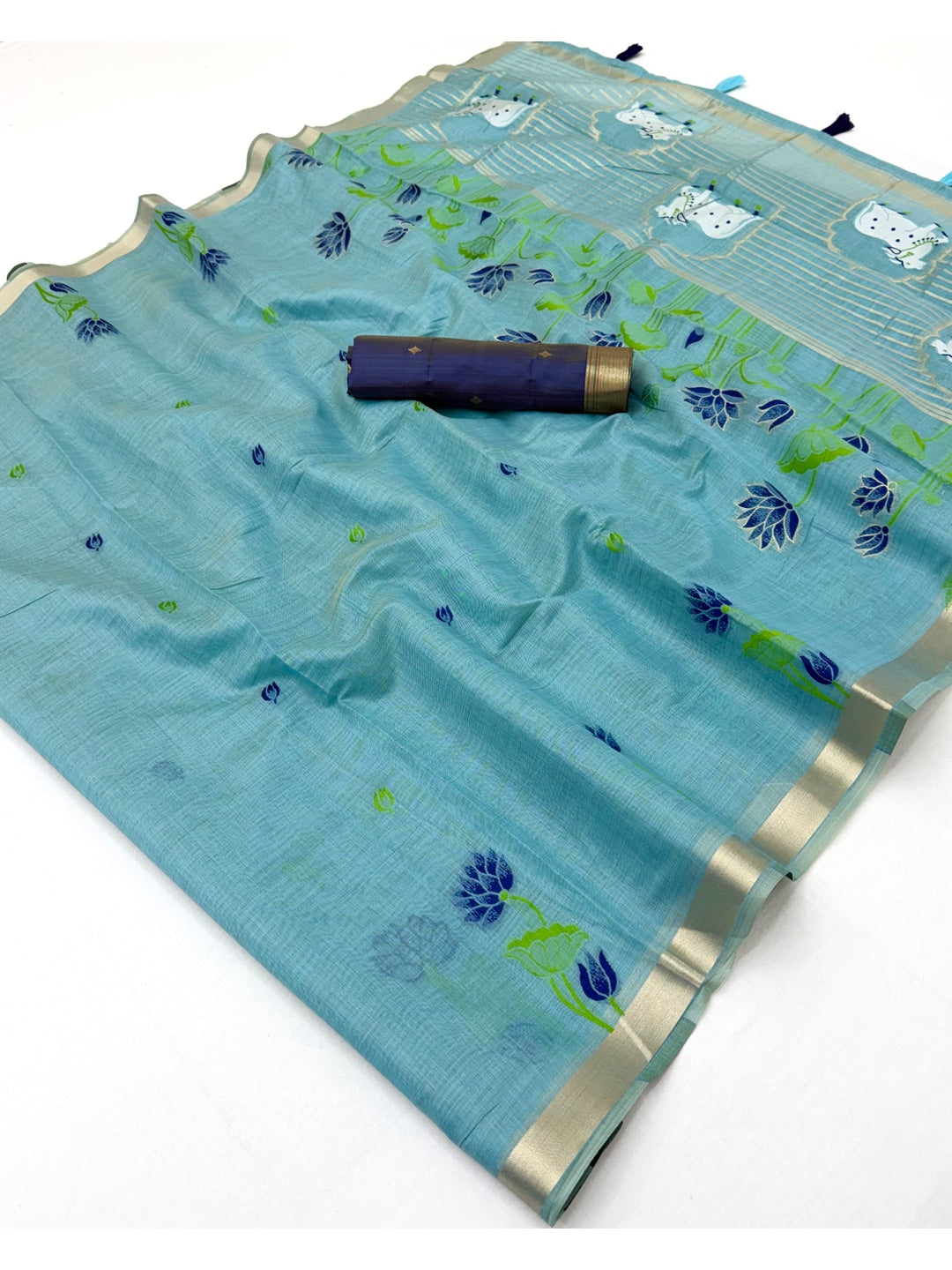 Peachmode Sky Blue Jamdani Woven Silk Cotton Blend Saree - Image 3